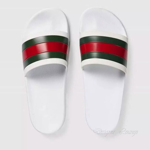 NEW GUCCI Men's WEB Pursuit Pool / Beach White Rubber Slides G 9 / US 9.5 - Picture 3 of 14